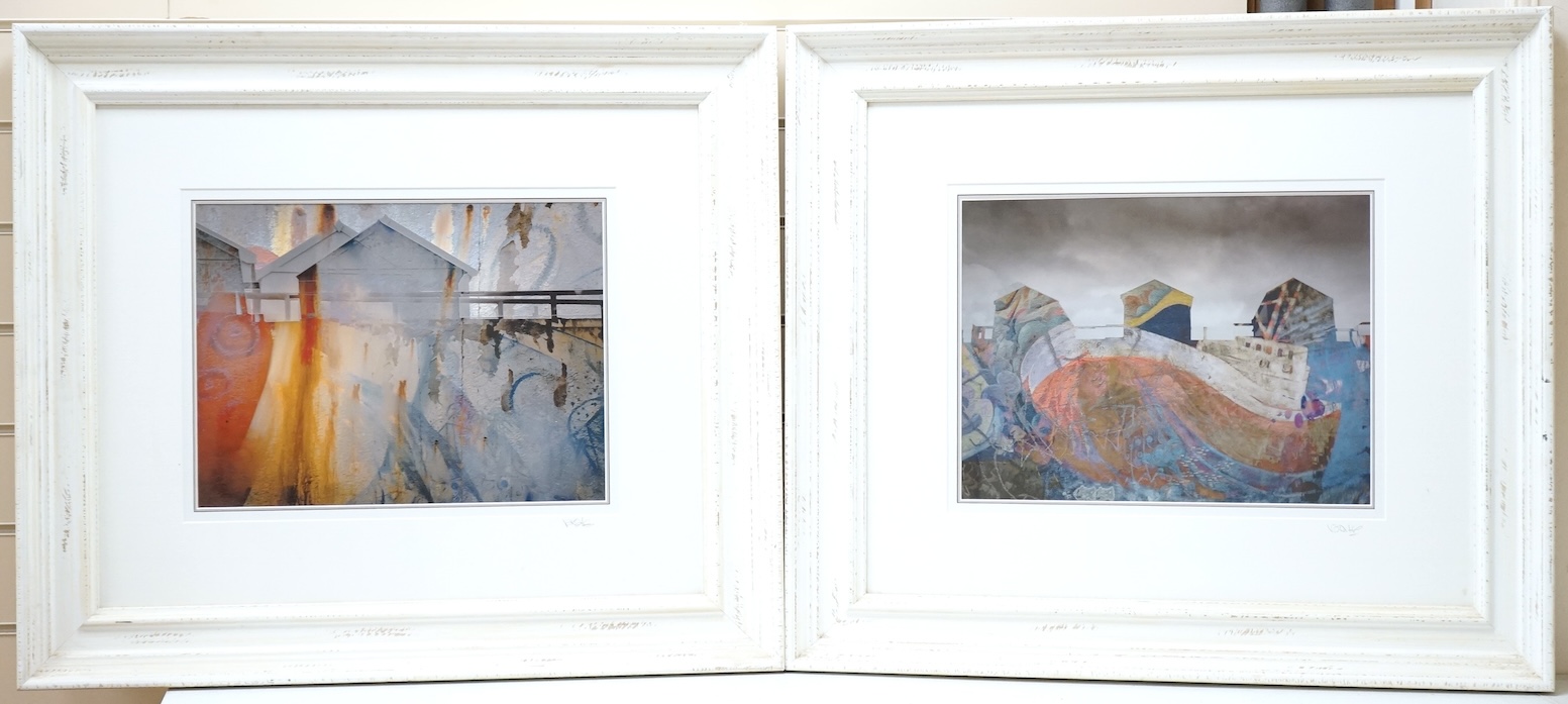 Valda Bailey (contemporary), pair of abstracts, Houses and beach huts, each signed in pencil, photographic prints, 29 x 39cm